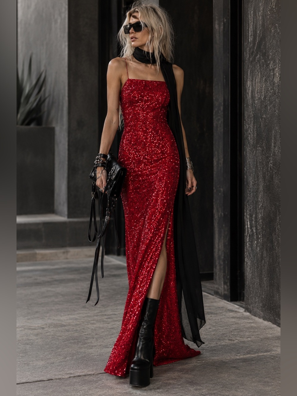 Scala gorgeous Red Sequin Dress evening gown side slit
